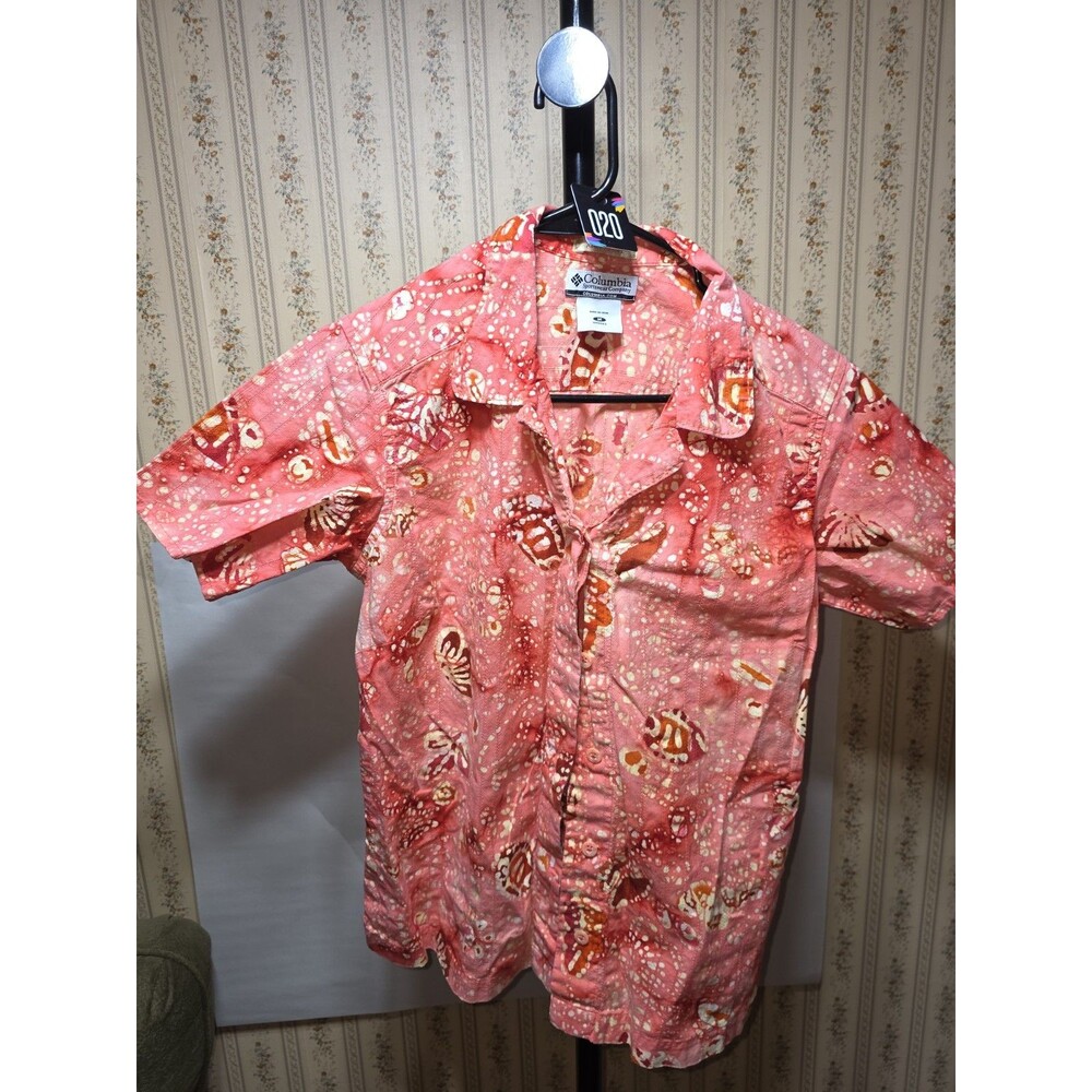 Columbia Womens M Pink Batik Print Button Up Shirt Lightweight Casual Top